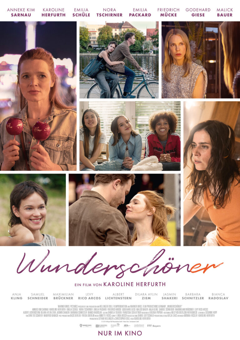 Filmplakat zu "Wunderschöner" mit einer Collage aus verschiedenen Standbildern aus dem Film: Von links nach rechts zu sehen sind Karoline Herfuth, Emilia Schüle und Friedrich Mücke, Anneke Kim Sarnau,Sea Starzacher mit Emilia Packard und Nadia Schaffer, Emilia Schüle, Friedrich Mücke mit Karoline Herfurth und zuletzt Nora Tschirner.