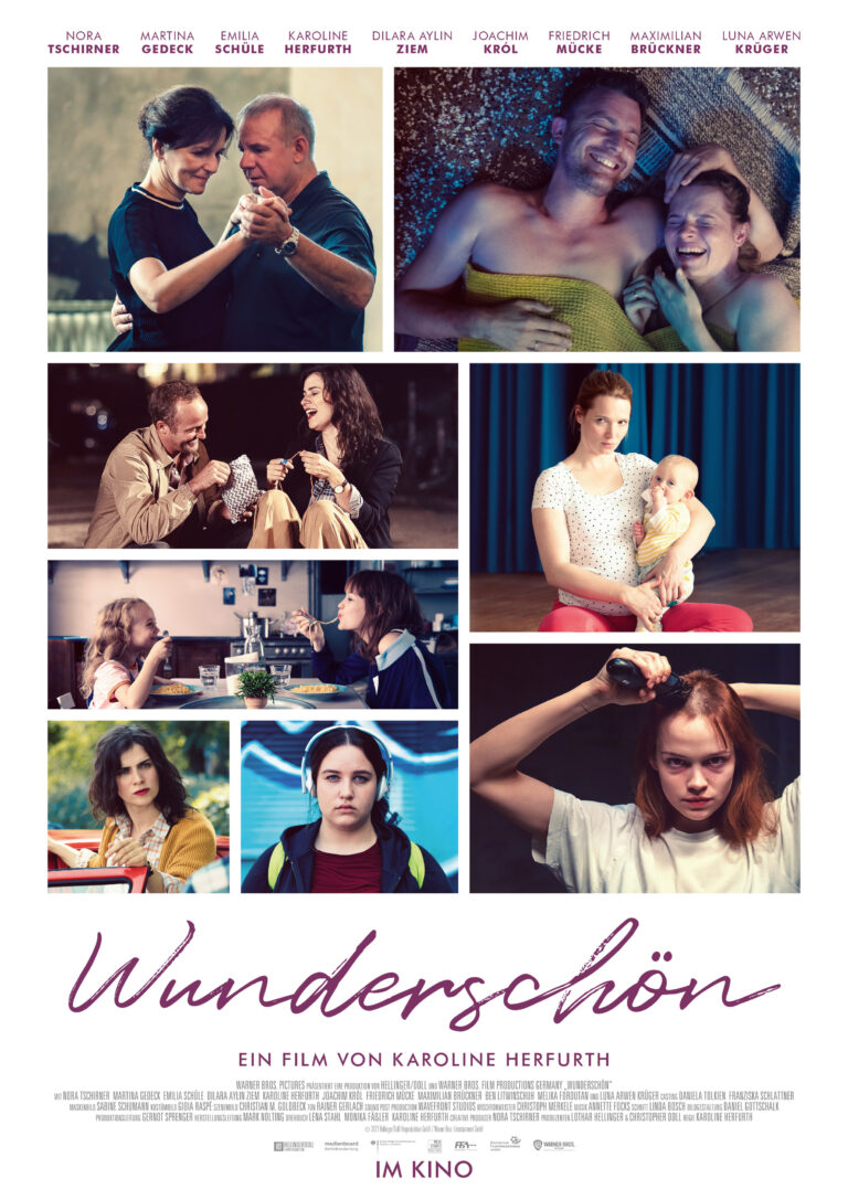 Filmplakat zu Wunderschön mit in Collage angeordneten Szenen des Films Beginnend von links oben nach rechts unten haben wir Martina Gedeck und Joachim Kröll, Heidrich Mücke und Karoline Herfurth, Maximilian Brückner mit Norah Tschriner, Karoline Herfurth mit Baby am Arm, Luna Arwen Krüger gemeinsam mit Emilia Schüle, Norah Tschriner, Dilara Aylin Ziem, und Emilia Schüle.